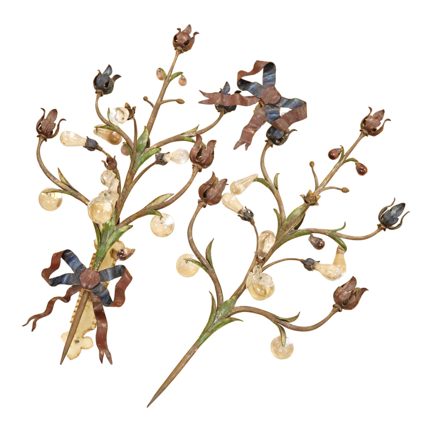 A pair of Continental toleware wall sconces with glass drops in the form of apples and buds, 60cm high